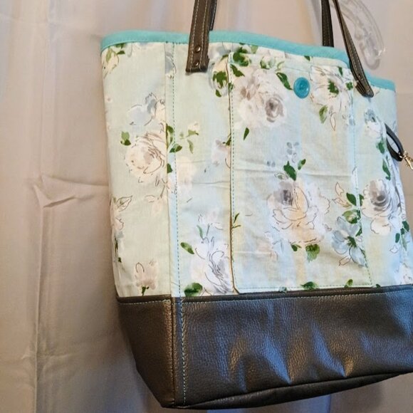 New Boho Roses Floral Tote Shopper shoulder Bag Blue Gray Double handle Carryall - Picture 8 of 12